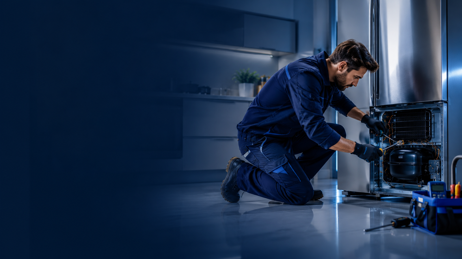 Técnico realizando manutenção em uma geladeira