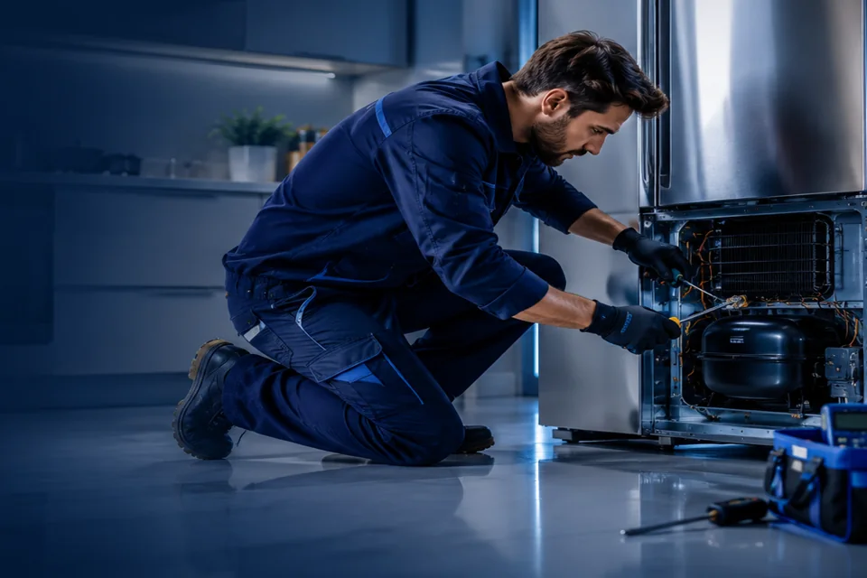 Técnico de refrigeração durante atendimento