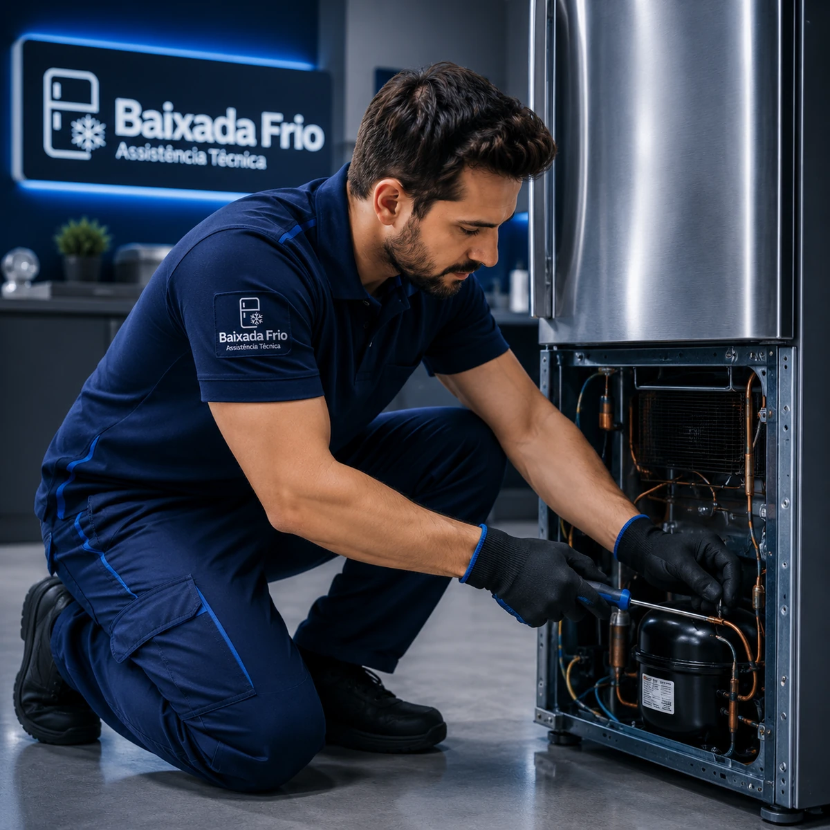 Técnico avaliando uma geladeira